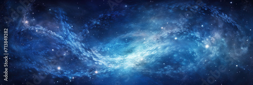 swirling galaxy with dynamic arms enveloping a bright, star-filled center, set against the deep blue of interstellar space.