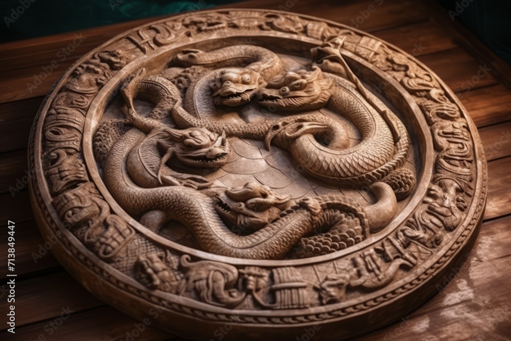 Round snake carved sculpture. Python reptile artwork in circle form. Generate ai