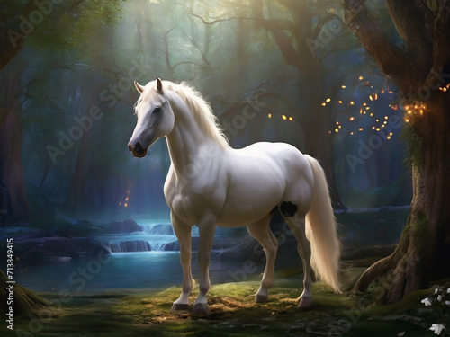 A white horse with a long mane standing in a forest ai picture