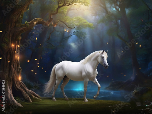 A white horse with a long mane standing in a forest ai picture