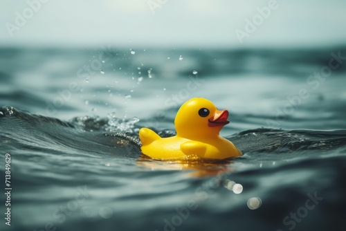 Rubber yellow duck in the sea. Artificial synthetic bird toy floating on marine water. Generate ai