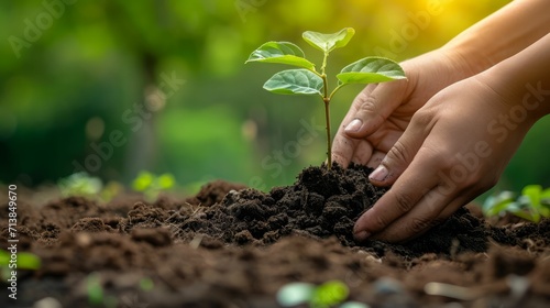 Hands planting a sapling in fertile soil, emphasis on the texture of the earth, natural outdoor light, blurred green background.