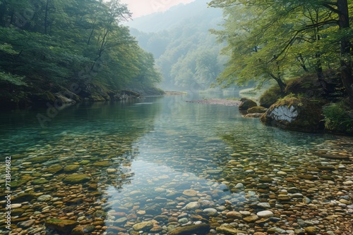 Pristine mountain river  crystal clear water  greenery.