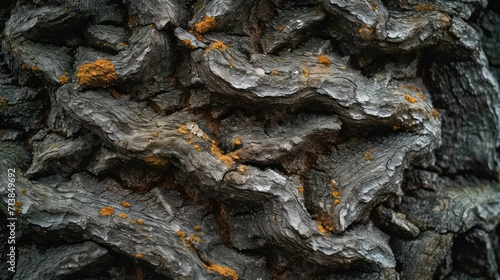 Rough bark of an ancient oak tree, capturing the grooves and moss growth, natural forest lighting. © Manyapha