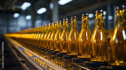 Belt conveyor transporting beer bottles in modern beverage production facility interior