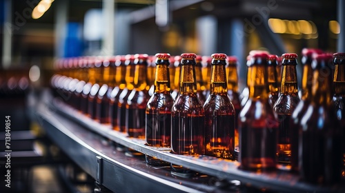 Beverage factory interior with beer bottles on conveyor belt  showcasing industrial equipment