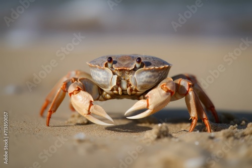 Crab on sand beach closeup. Sea marine animal on sandy shore. Generate ai © nsit0108