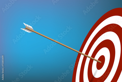 Arrow hit to center of dartboard. Target and arrow, Archery target and bullseye. Business success, investment goal, opportunity challenge, aim strategy, achievement concept. 