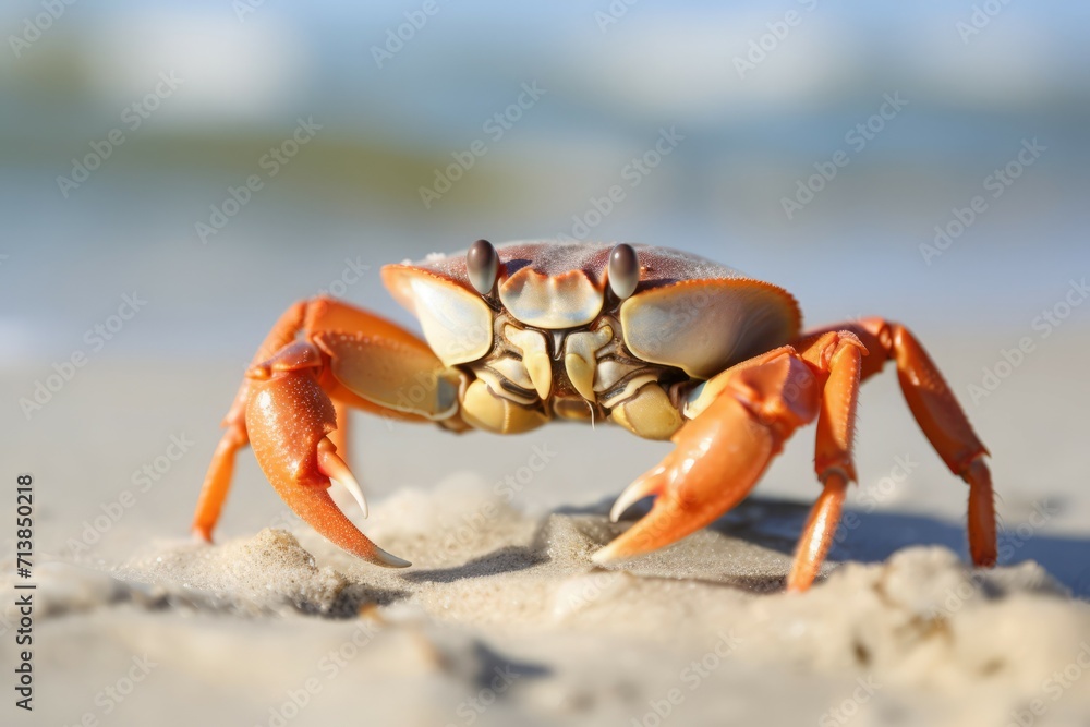 Crab on seashore closeup photo. Costal sea beach crustacean creature. Generate ai