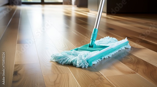 Parquet floor cleaning with mop and cleanser foam, housekeeping tools for hygienic home maintenance photo