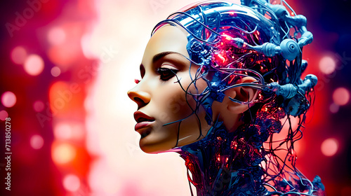 Woman's head is shown with wires and wires all over it.