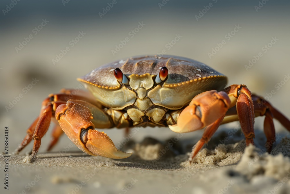 Crab on sand beach macro photo. Aquatic marine crustacean creature with claws. Generate ai