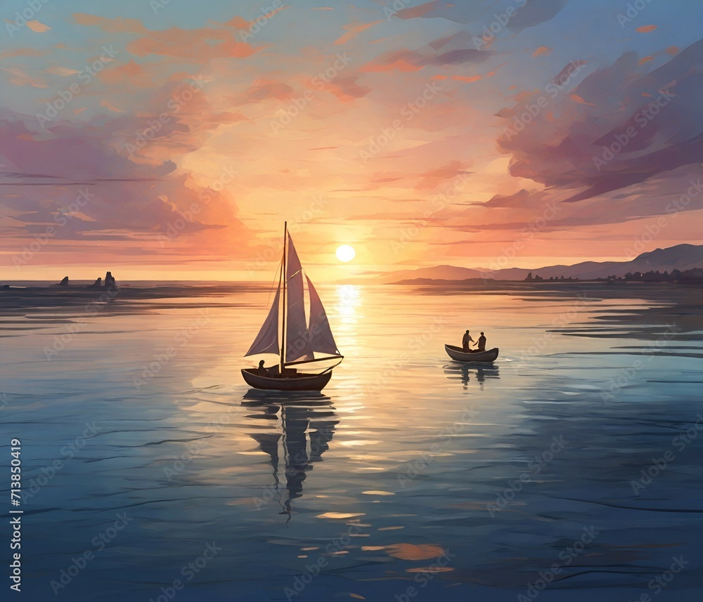 fishermen sailing in sailboats at sunset