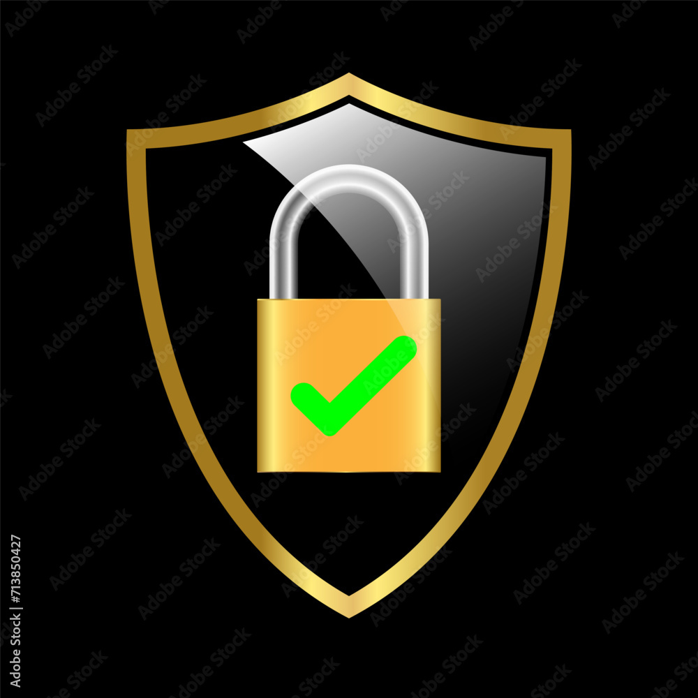 Golden Shield, padlock with lock and green check. Security for online protection against cybercrime and hackers. Golden Shield, padlock with lock and green check. Security for online protection against cybercrime and hackers.