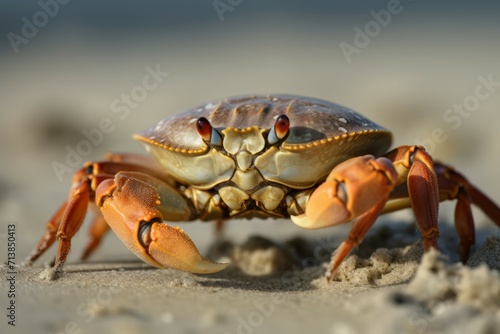 Crab on sand beach macro photo. Aquatic marine crustacean creature with claws. Generate ai