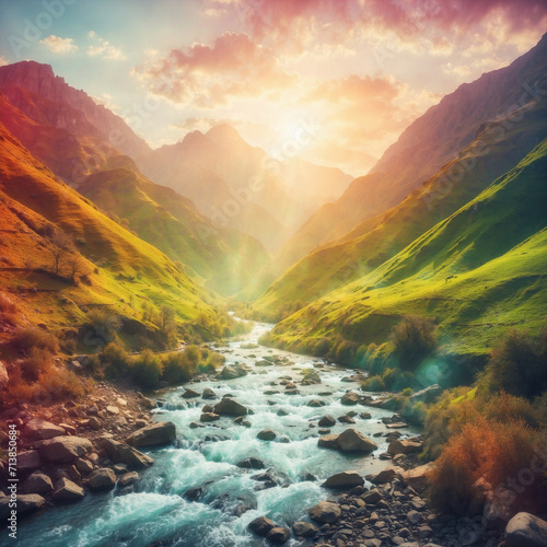 A Beautiful natural watercolor painting of a River, mountain trees, and birds with sunshine