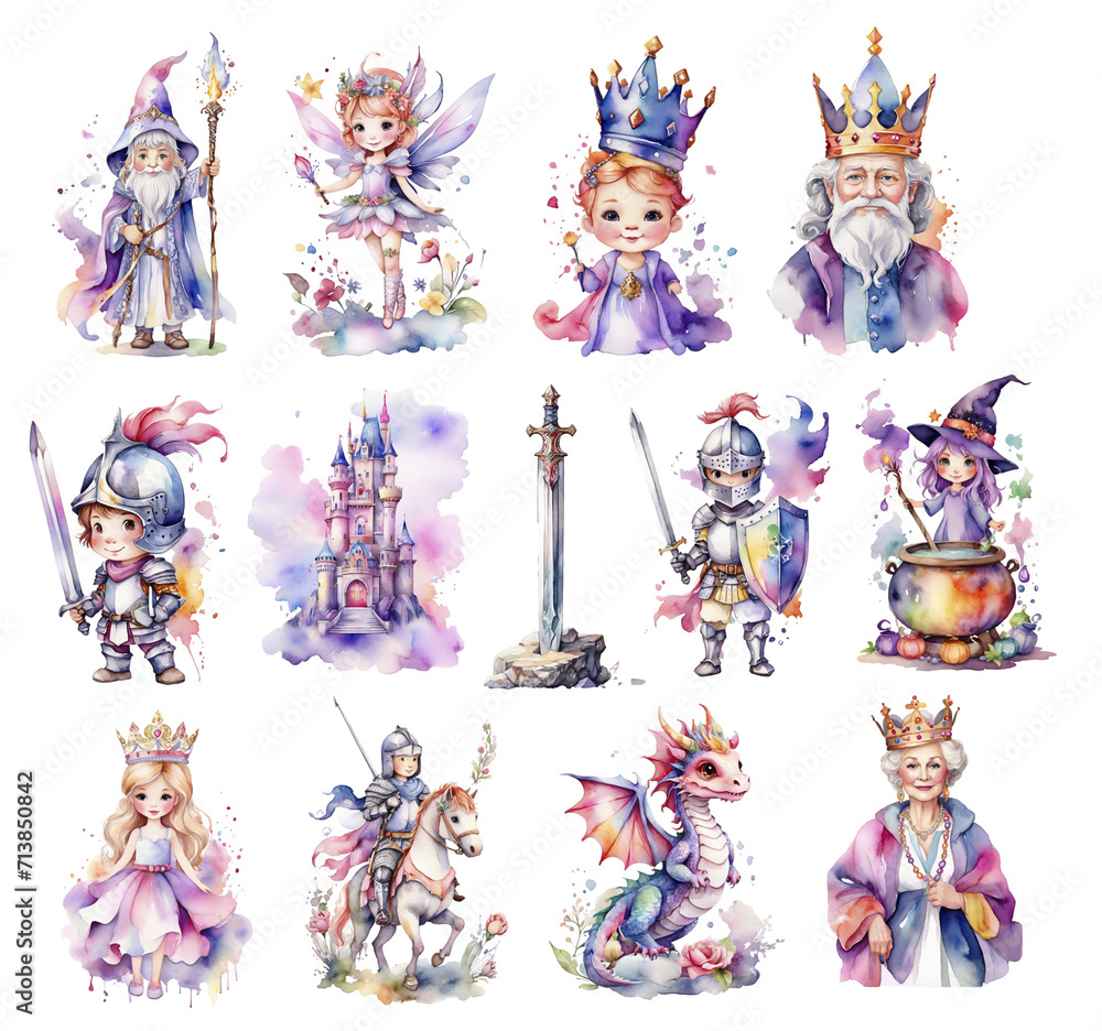 Fairy tale character watercolor collection with fantasy princess, prince, witch, knight, dragon. Medieval fairytale castle patches pack isolated on Background, generated ai