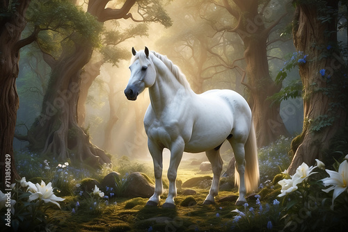 A white horse with a long mane standing in a forest ai picture