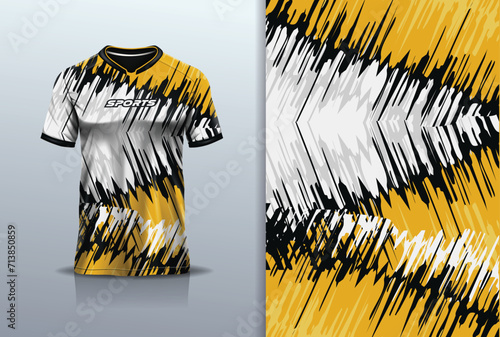 T-shirt mockup with abstract grunge sport jersey design for football, soccer, racing, esports, running, in black yellow color