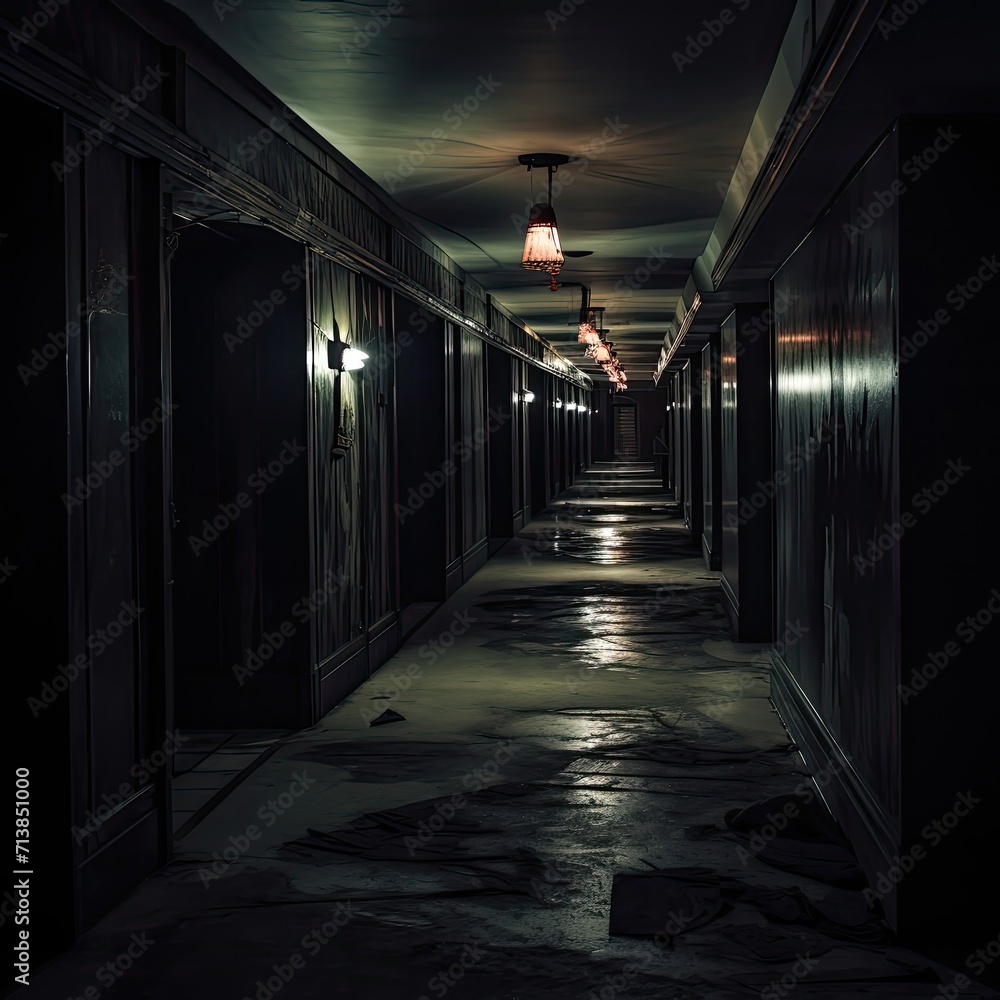 Dark mysterious corridor in building., Generative AI