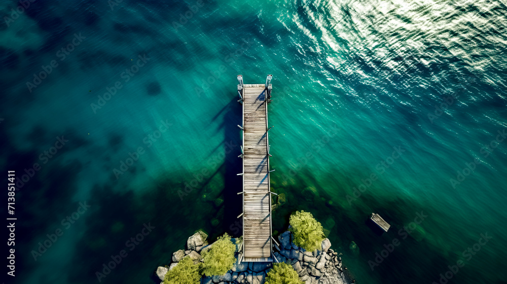 Dock in the middle of body of water next to forest.