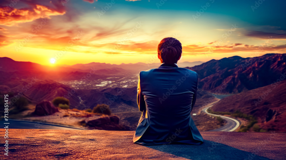 Person sitting on top of hill looking at sunset over valley.