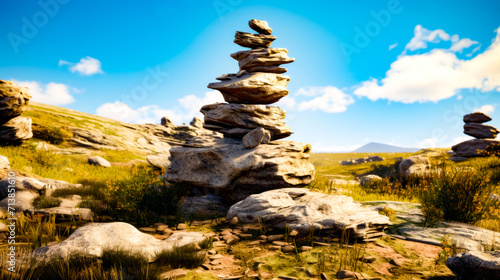 Pile of rocks sitting on top of grass covered field next to mountain.