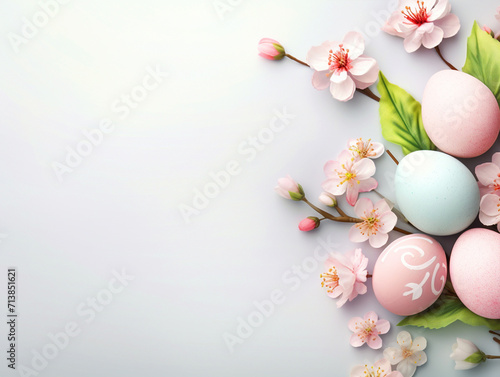 Group of colorful painted Easter eggs with flowers on isolated background - ai generative