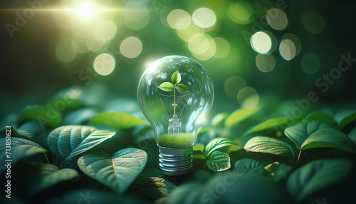 Co-Friendly Energy Concept with Light Bulb and Leaves. Depicting a concept of eco-friendly and sustainable energy on a natural background. Generative AI