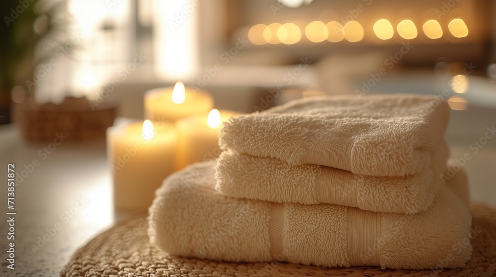Roll up of towels with candles and flowers for massage spa treatment ,aroma ,healthy wellness relax calm and luxurious atmosphere associated with pampering and well-being healthy skin practices Roll up of towels with candles and flowers for massage spa treatment ,aroma ,healthy wellness relax calm and luxurious atmosphere associated with pampering and well-being healthy skin practices