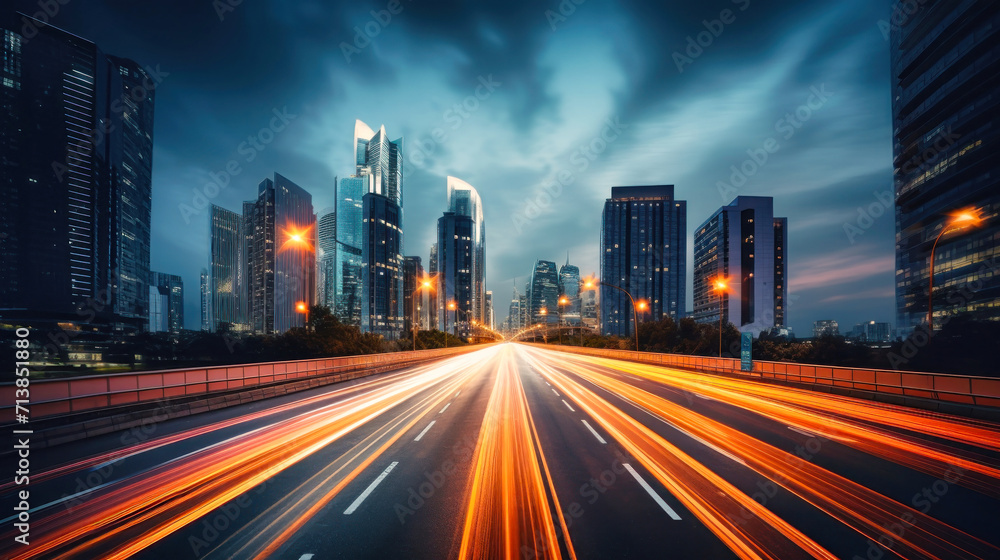 Highway With Bright Lights, Night Route With Blurred Car Lights - Long Exposure Photography