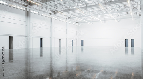 Empty white warehouse corner with doors
