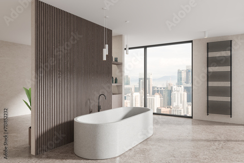 Stylish hotel bathroom interior with bathtub  shelf and panoramic window