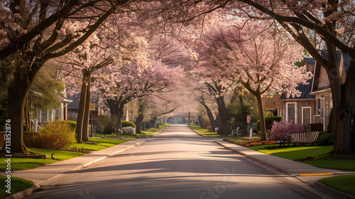 beauty of a residential street in spring. The image is composed of a tree-lined avenue where the trees are in full bloom