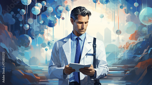 Male doctor holding a gadget, illustration