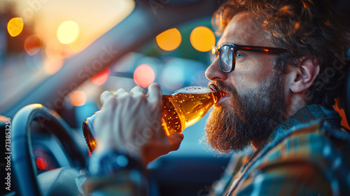 A man drinks alcohol while driving photo