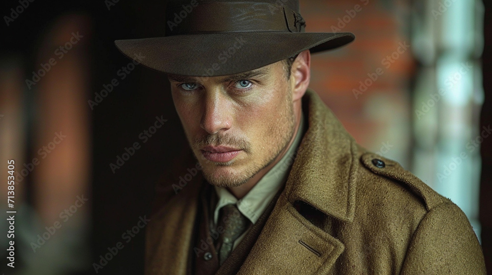 Portrait of an experienced detective in hat and coat