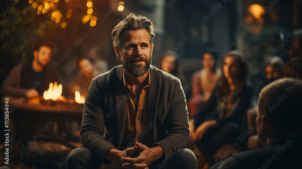 A sad, angry man is having a discussion with his friends - obrazy, fototapety, plakaty 
