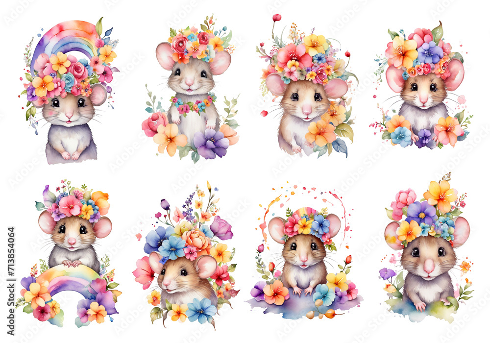 Cute mouse with flowers watercolor set, isolated on Background, generated ai Cute mouse with flowers watercolor set, isolated on Background, generated ai