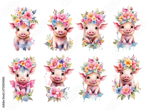 Cute piglets with flowers watercolor set, isolated on Background, generated ai