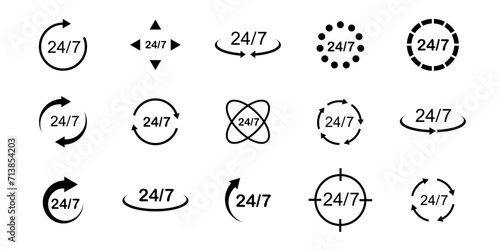 24 hours order execution or delivery service icons. 24 hour assistance icons. 24 hours 7 days in week support icons.  Vector illustration.