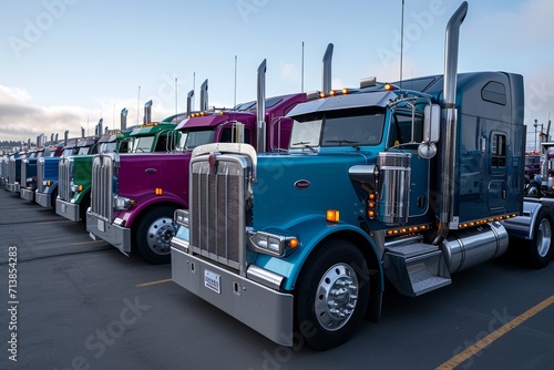 A large fleet of classic american semi trucks parked in a row photo