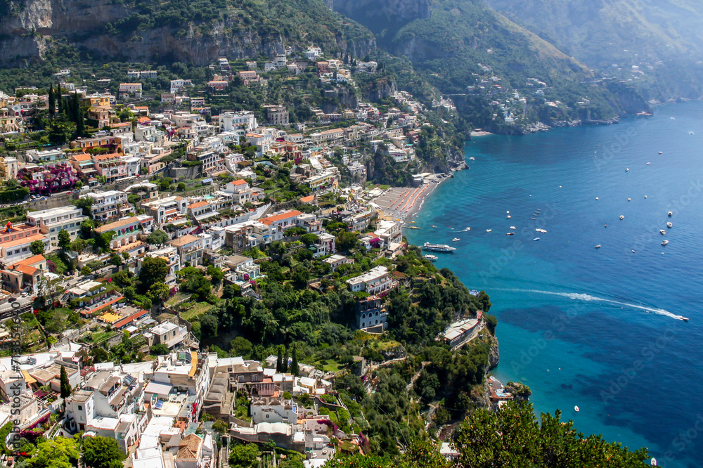 Overview of Positano overlooking the Mediterranean Sea on the beautiful Amalfi Coast in Southern Italy.
