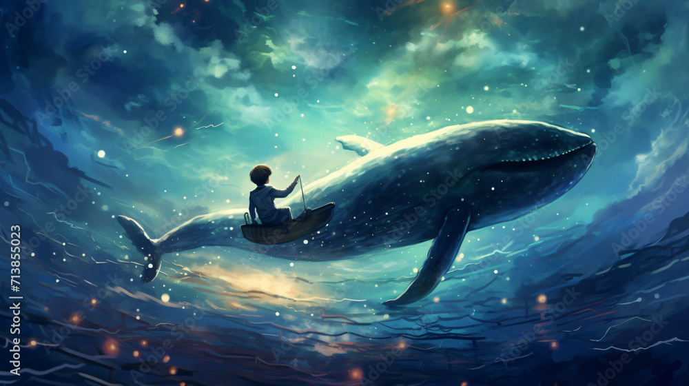 A boy riding a whale