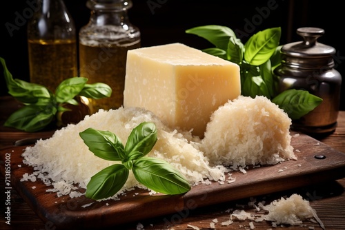 Freshly sliced parmesan cheese with a knife on traditional italian food background