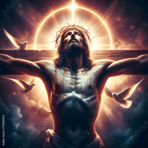 Crucified Jesus on cross. Concept of suffering from human sins.