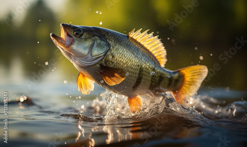 Dynamic Image of a Large Freshwater Perch Leaping from Water, Splashing with Greenery in Background, Concept of Fishing Trophy © Bartek