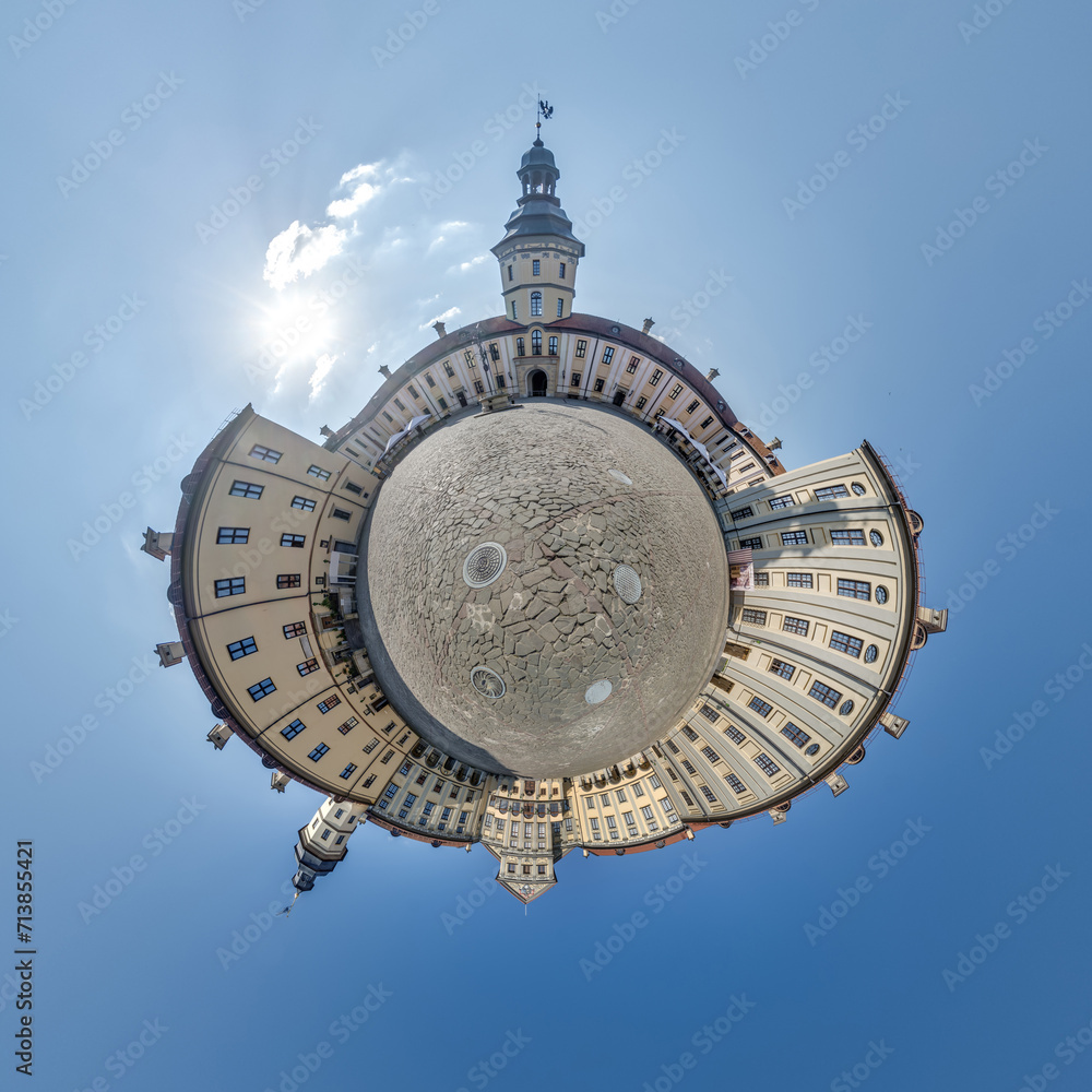 Fototapeta premium little planet and spherical aerial 360 panorama view on street ancient medieval castle with church and historic buildings with columns