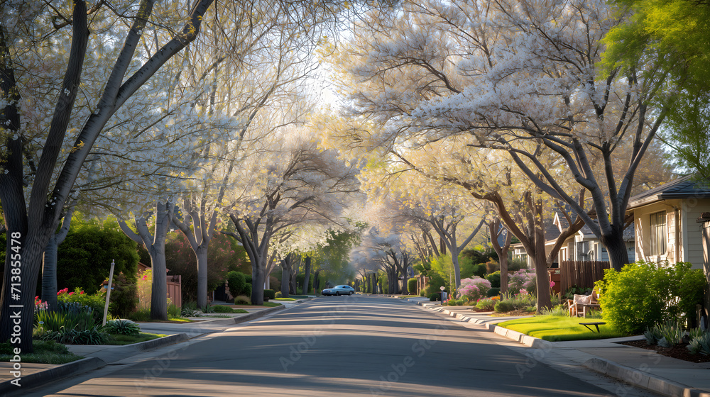 beauty of a residential street in spring. The image is composed of a tree-lined avenue where the trees are in full bloom