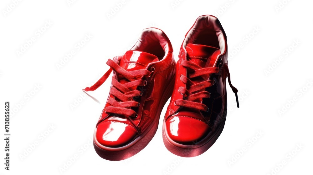 Red sneakers. Cut out on transparent. Red sports shoe with flying laces on white background